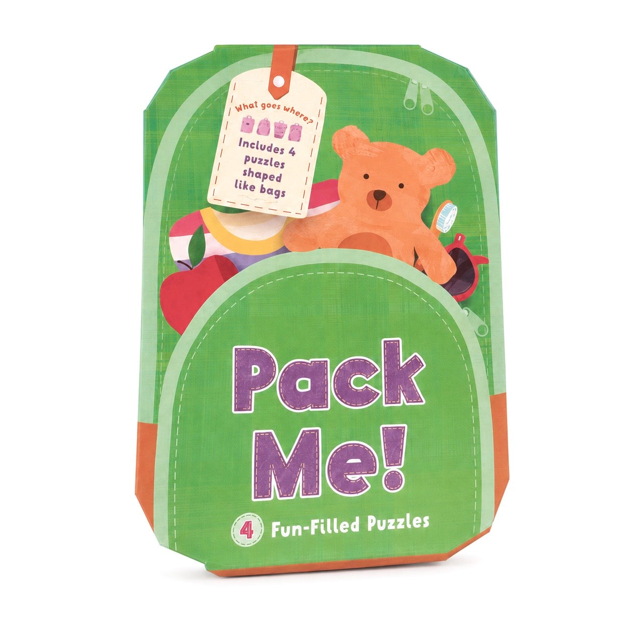 Pack Me! 4 Fun-Filled Puzzles in a green backpack-shaped box with a teddy bear illustration and a hanging tag, shown on a white background.