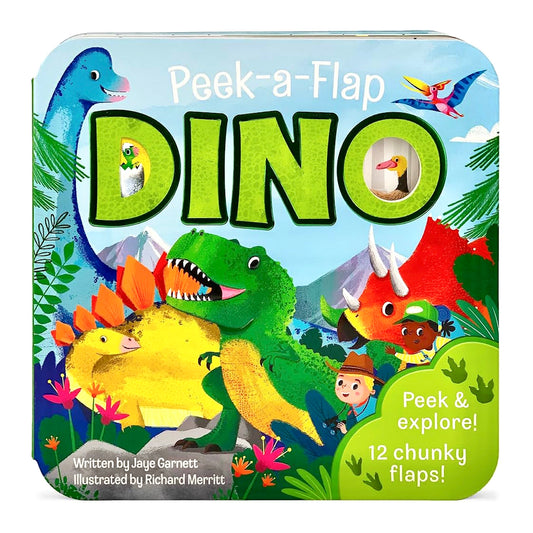 A colorful board book cover for 'Peek-a-Flap DINO!' featuring illustrations of various dinosaurs and a cartoonish explorer character.