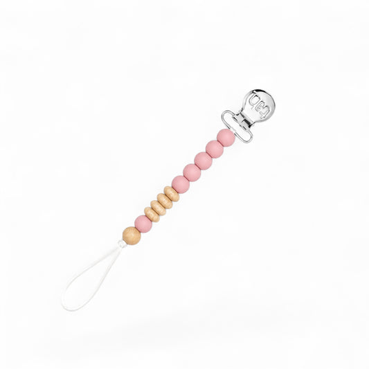 Pink beaded baby pacifier clip with natural wood beads, silver clip, and white loop.