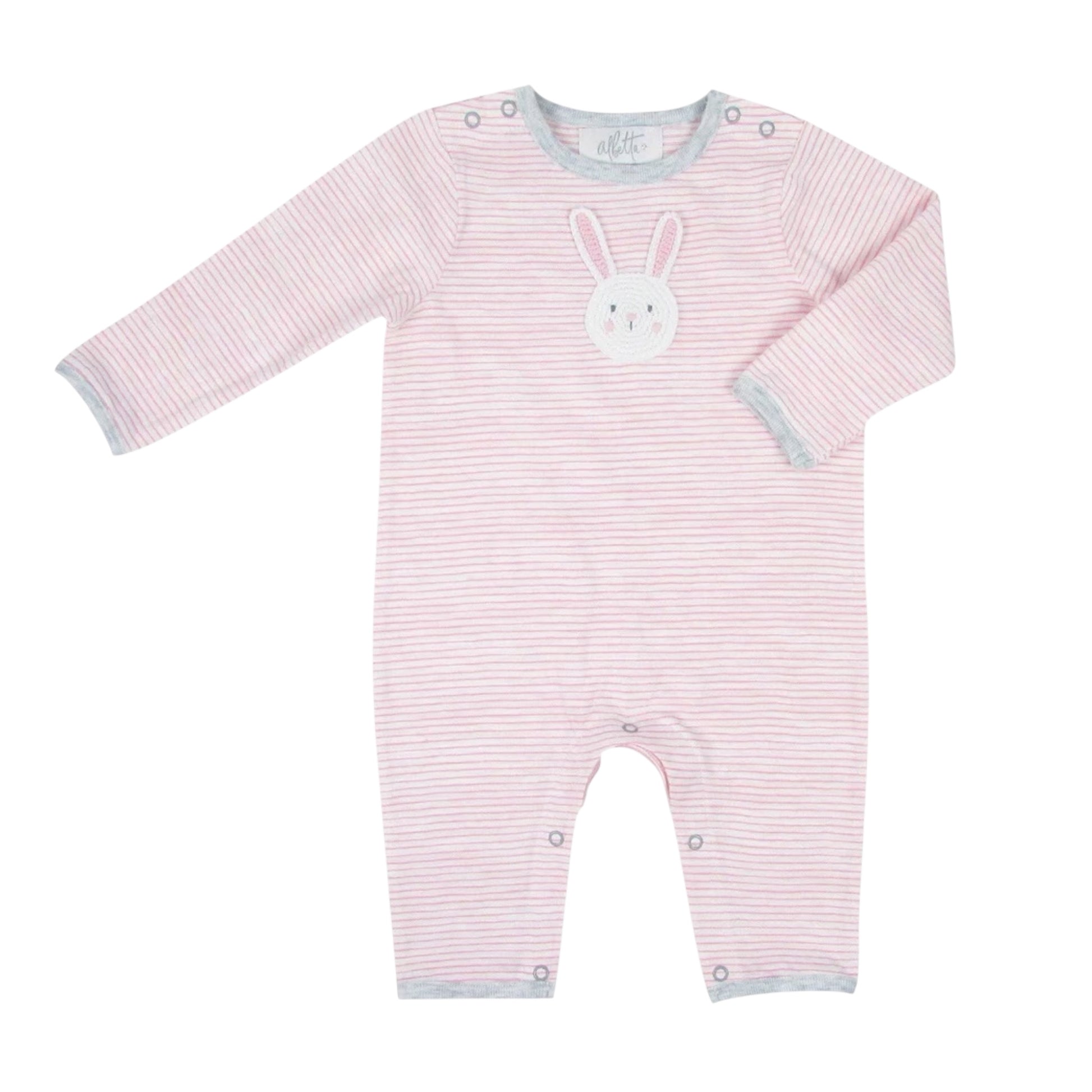 Pink bunny organic cotton baby romper with hand-crocheted bunny appliqué