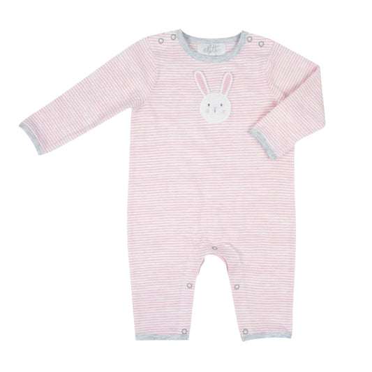 Pink bunny organic cotton baby romper with hand-crocheted bunny appliqué