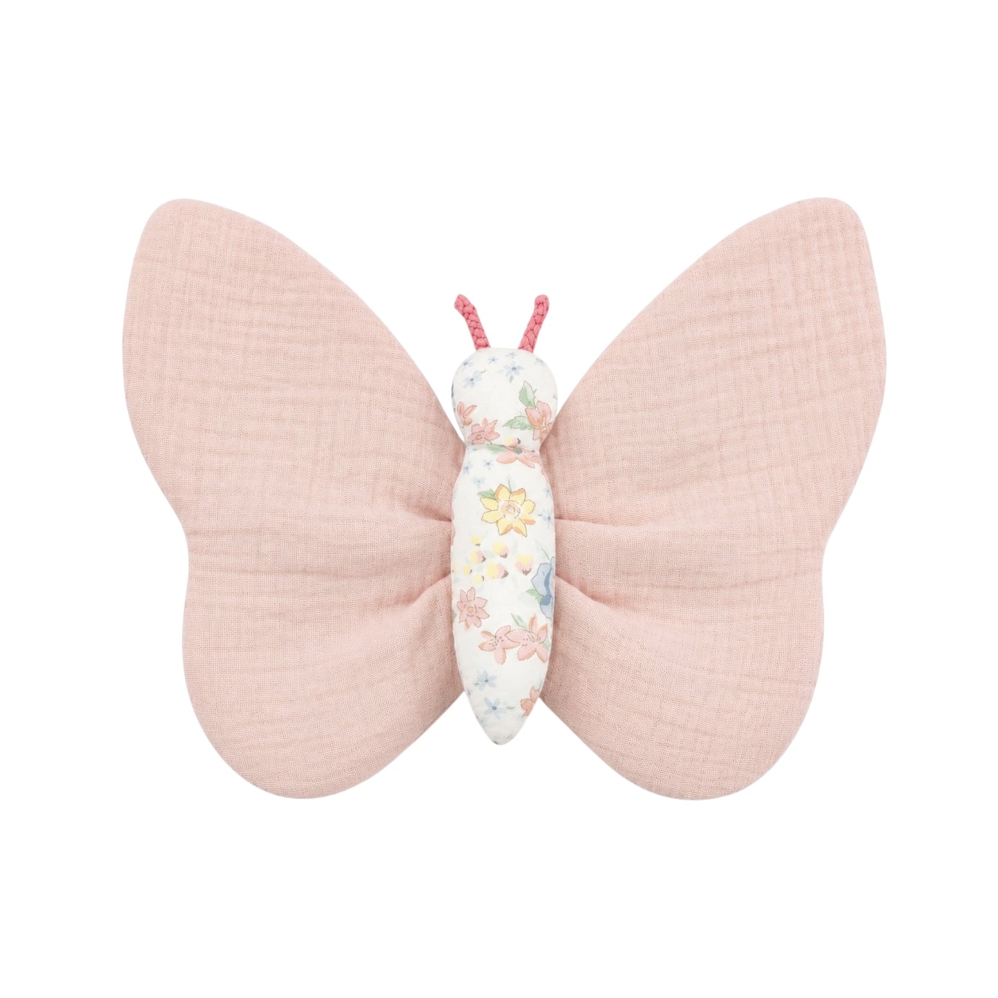 Soft pink butterfly plush baby toy with floral body and muslin-style wings.
Pink blanket image: