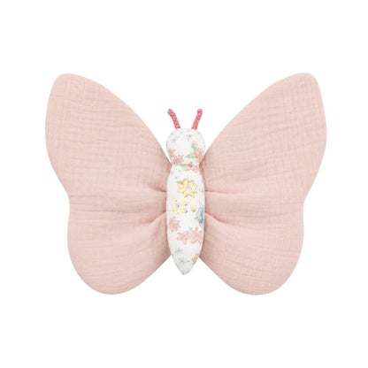 Soft pink butterfly plush baby toy with floral body and muslin-style wings.
Pink blanket image: