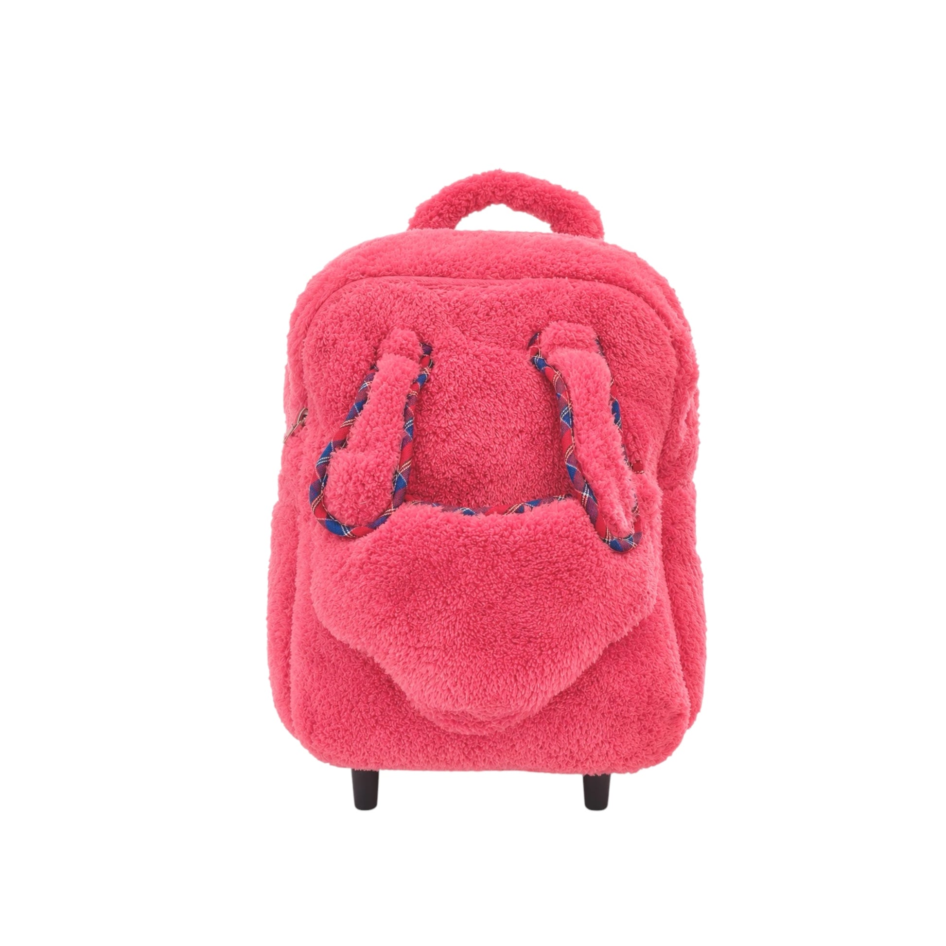 Front view of pink plush kids rolling backpack with fuzzy texture, front pocket, top handle, black feet, and patterned strap details on a white background.