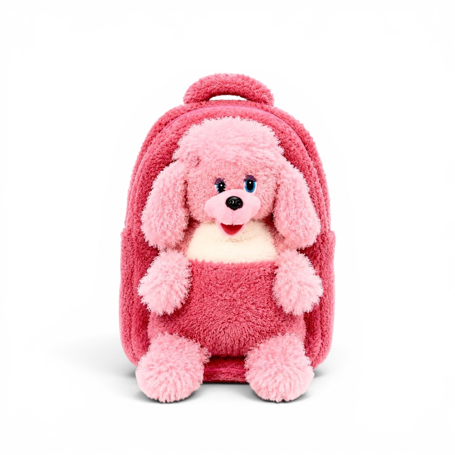 Pink plush kids backpack with soft fuzzy texture, front pocket, top handle, and light pink stuffed puppy design on a white background.