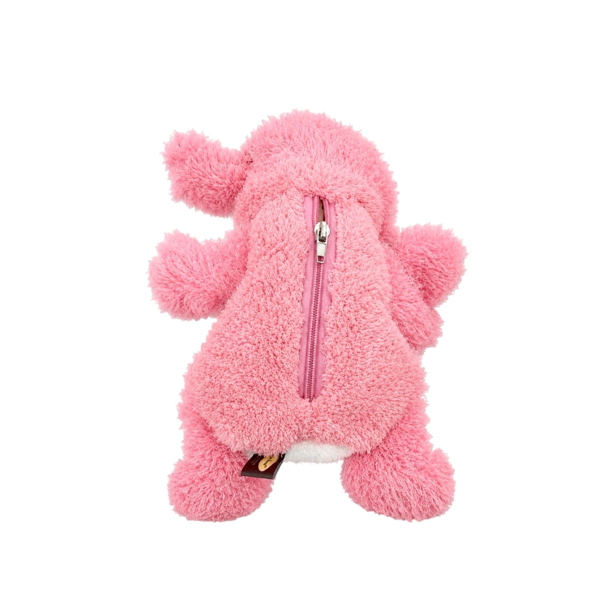 Pink plush stuffed puppy insert for kids rolling backpack showing soft fuzzy texture, zipper back, floppy ears, arms, and feet on a white background.