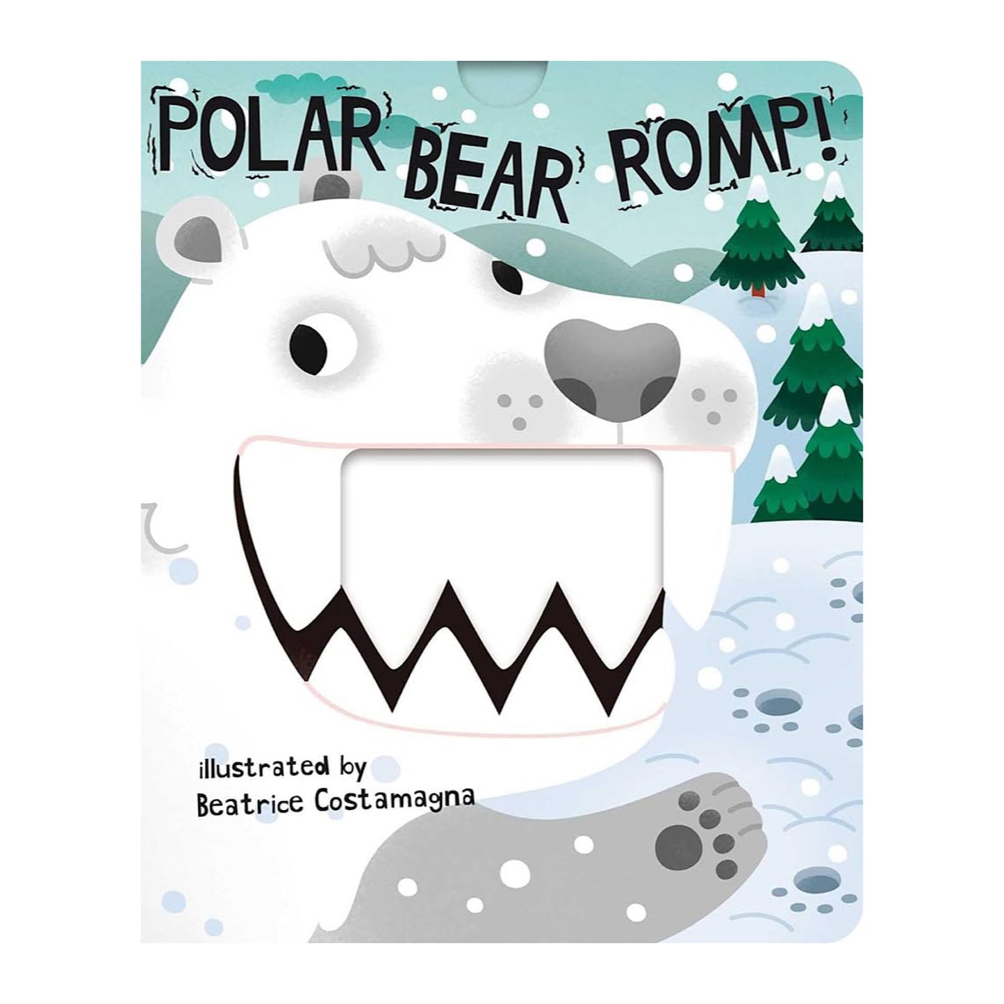 Cover of a children's interactive board book titled 'Polar Bear Romp!' featuring an illustration of a happy polar bear with a smile and a polar bear cub.