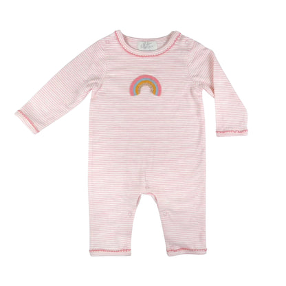 Pink rainbow organic cotton baby romper with hand-crocheted rainbow appliqué