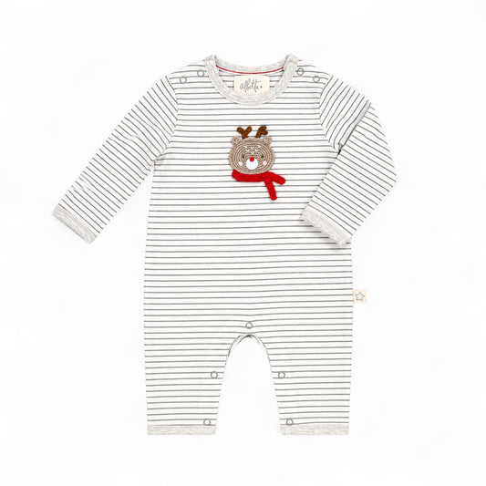 Organic cotton baby reindeer romper with hand crocheted appliqué