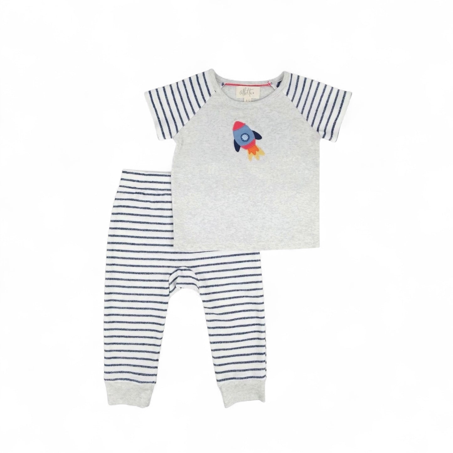 Rocket striped organic cotton baby lounge set with hand-crocheted rocket appliqué