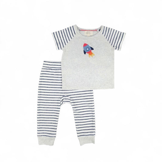 Rocket striped organic cotton baby lounge set with hand-crocheted rocket appliqué