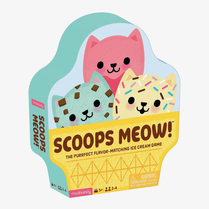 The packaging box of the 'Scoops Meow!' ice cream game by TruSoulusion, featuring cute cartoon cat faces on a yellow and teal background.