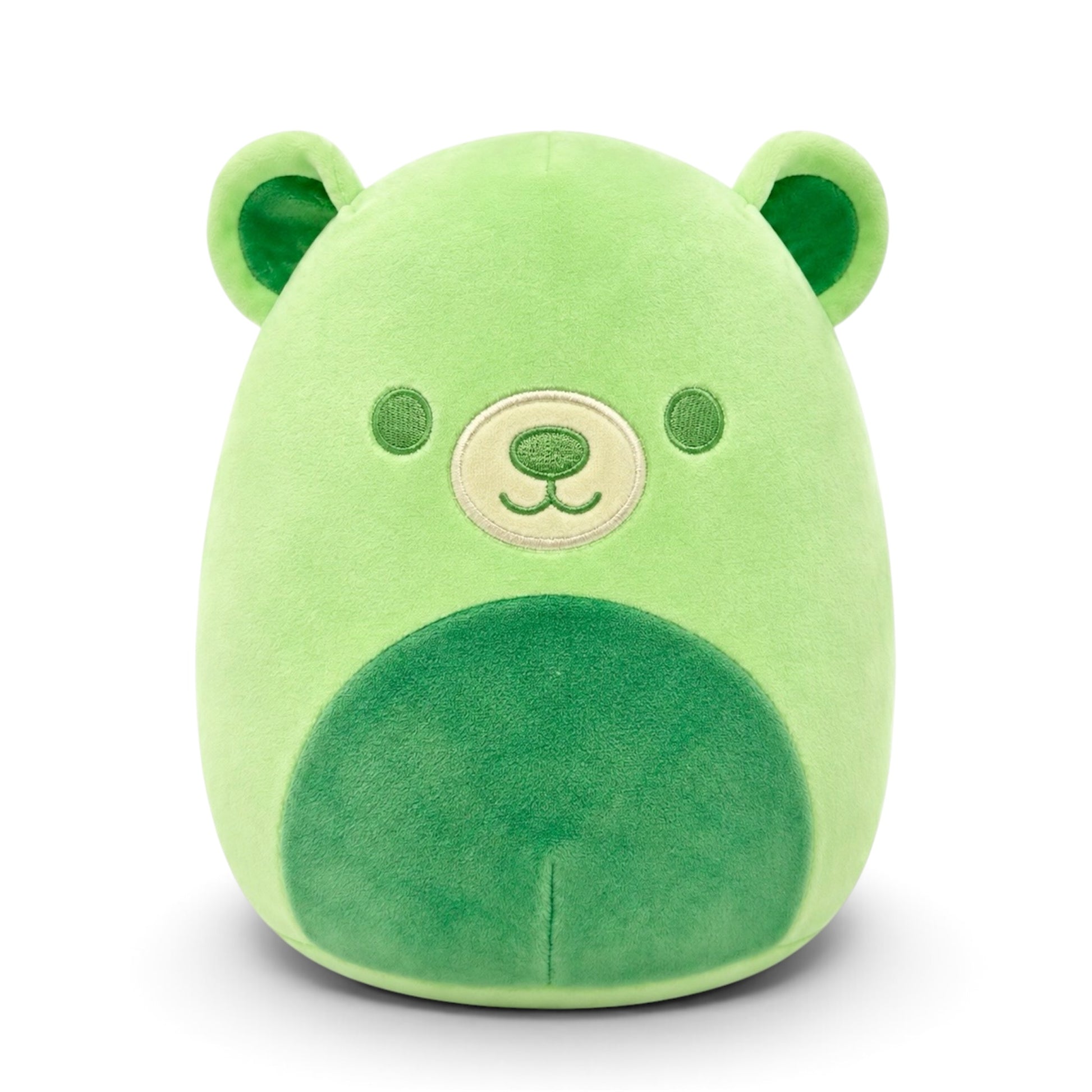 A green plush bear toy with a rounded, squishy shape, featuring embroidered facial details and a darker green snout patch, shown against a plain white background.