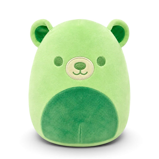 A green plush bear toy with a rounded, squishy shape, featuring embroidered facial details and a darker green snout patch, shown against a plain white background.