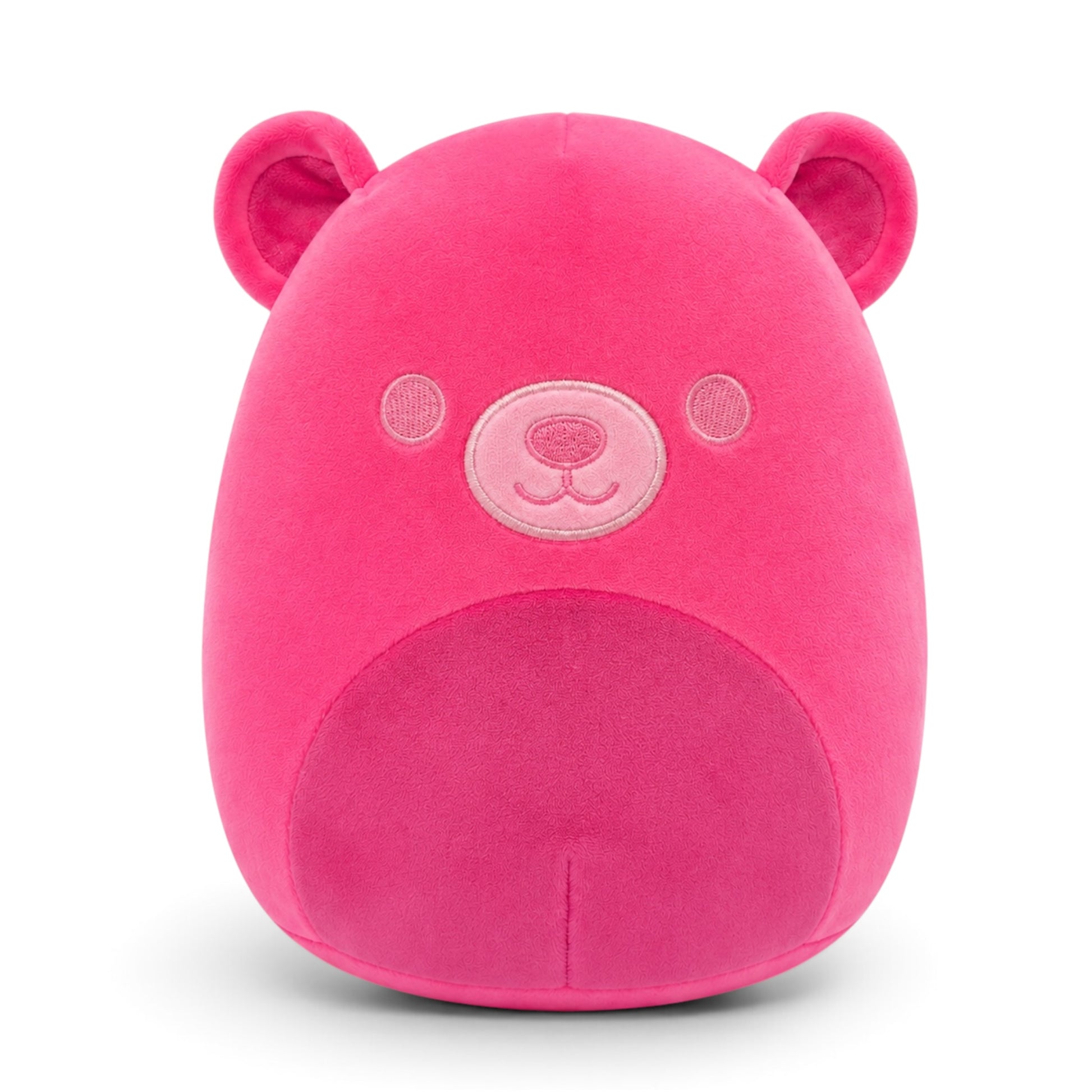 A bright pink plush bear head toy with embroidered facial features, photographed against a clean white background.