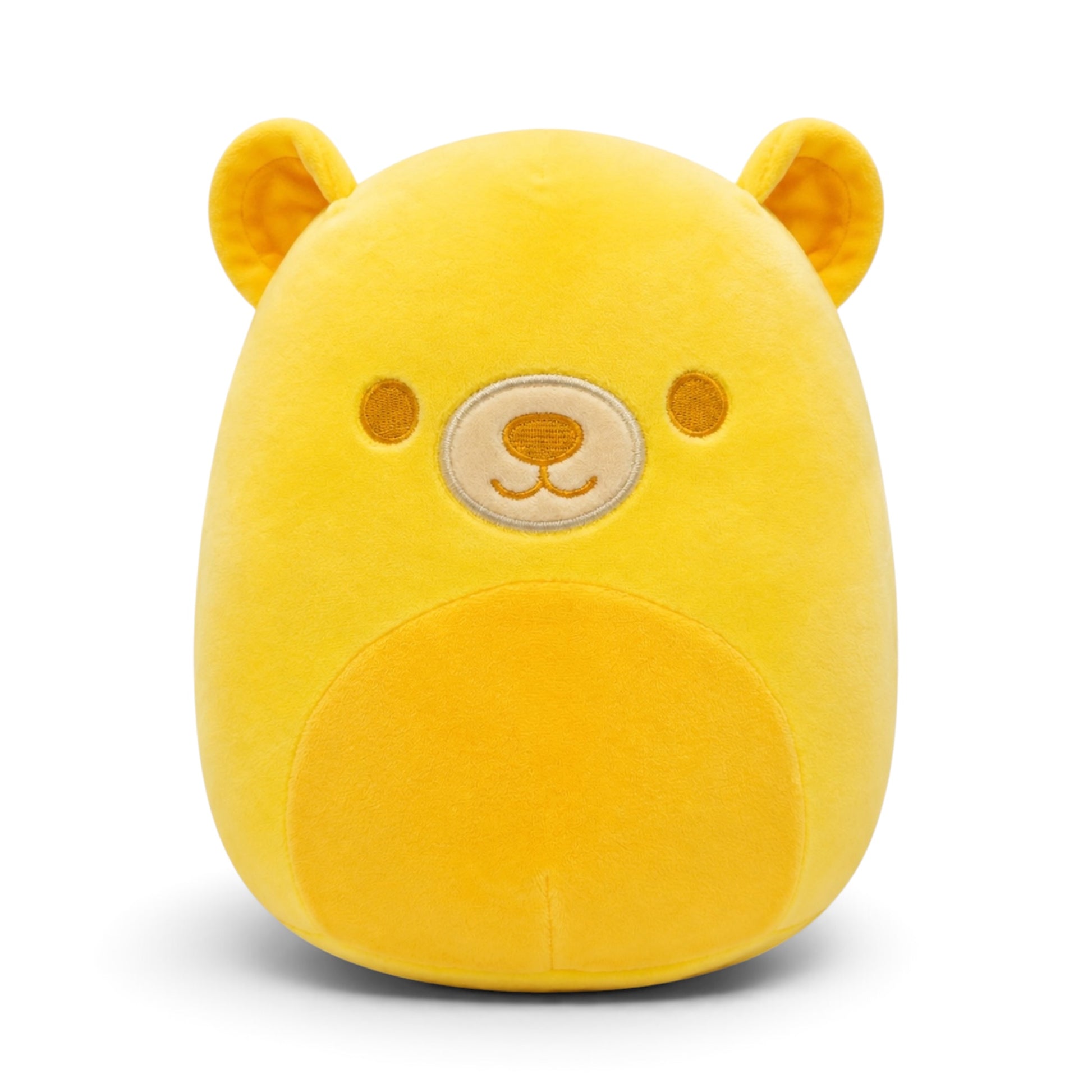 A bright yellow plush bear toy with embroidered facial features, shown centered on a clean white background.