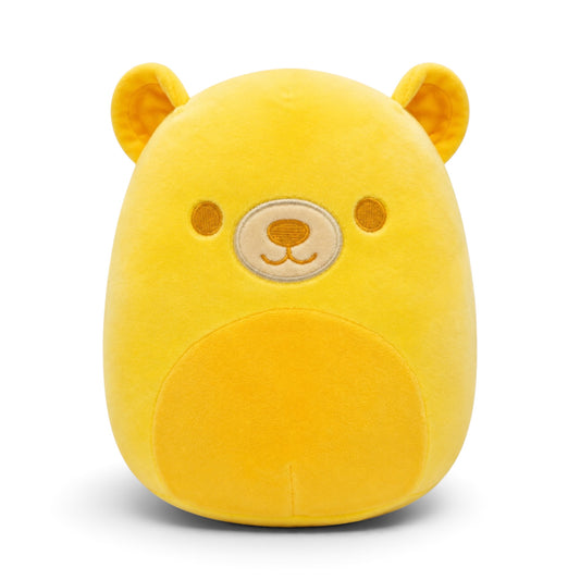 A bright yellow plush bear toy with embroidered facial features, shown centered on a clean white background.