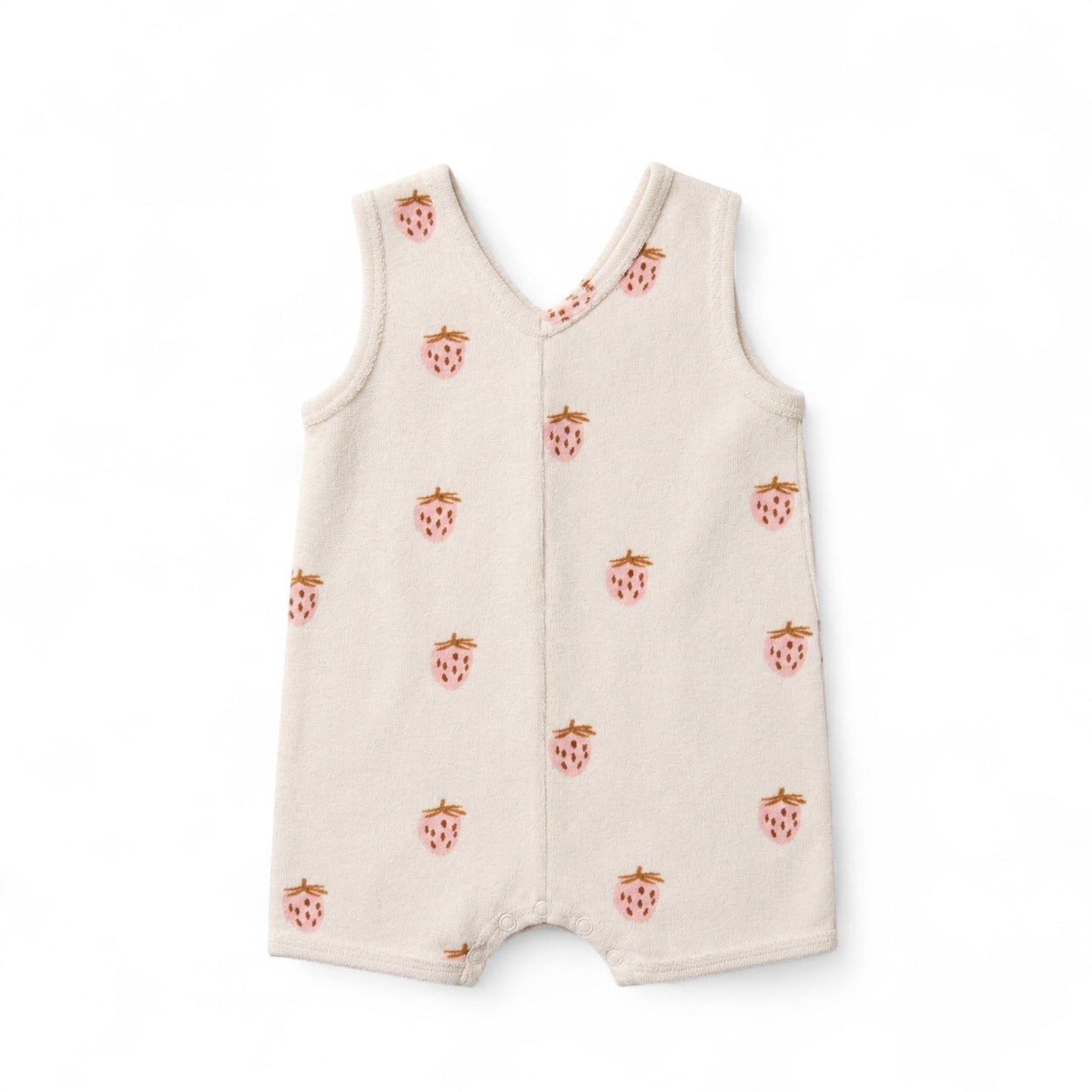 Cream baby romper with pink strawberry print and sleeveless design.