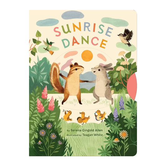 A board book titled 'Sunrise Dance' with colorful illustrations of animals, primarily a fox and a mouse, engaging in playful interaction with a sun and flowers in the background.
