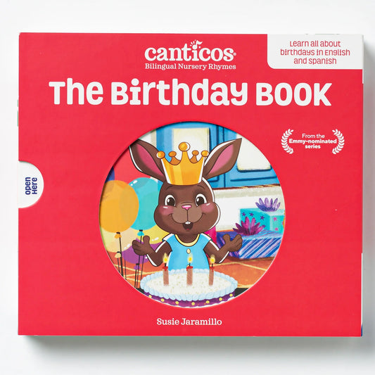 The Birthday Book Las Mañanitas English-Spanish board book with red cover and birthday celebration illustration
