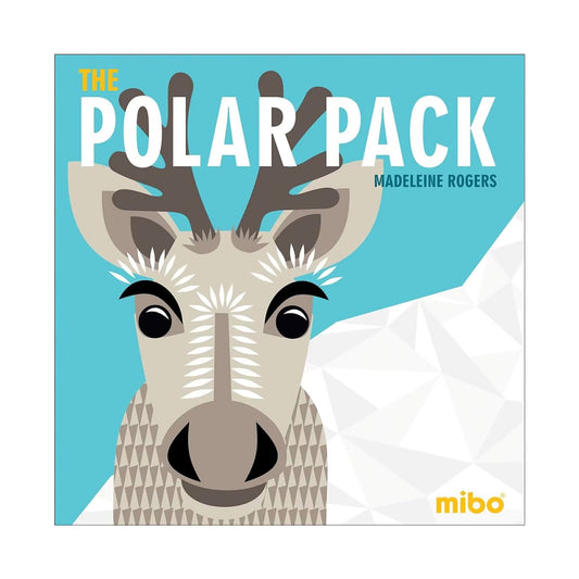Cover of a children's board book titled 'The Polar Pack' featuring an illustration of a reindeer with a polar bear in the background, set against a blue geometric pattern background.