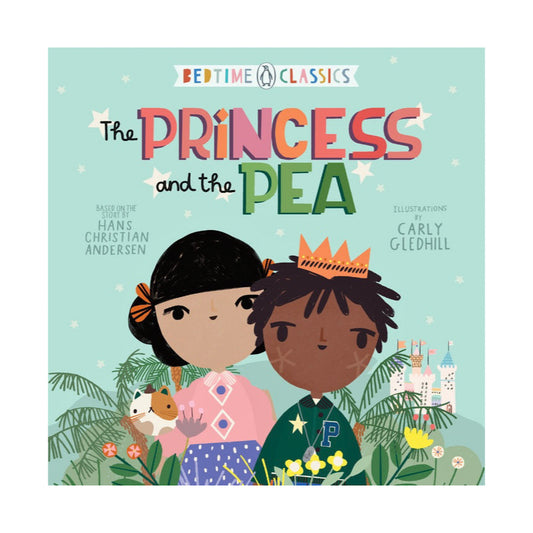 Alt text: Mint green cover of The Princess and the Pea Bedtime Classics board book showing an illustrated prince and princess