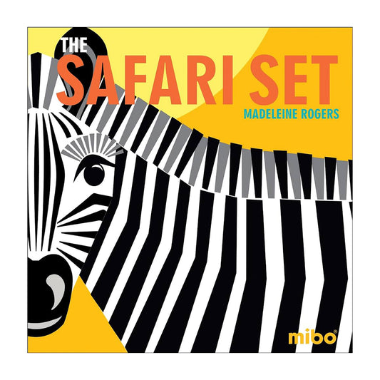 Cover of 'The Safari Set' board book featuring illustrations of a giraffe, zebra, lion, elephant, and hippo with a yellow background and black and white stripes design.