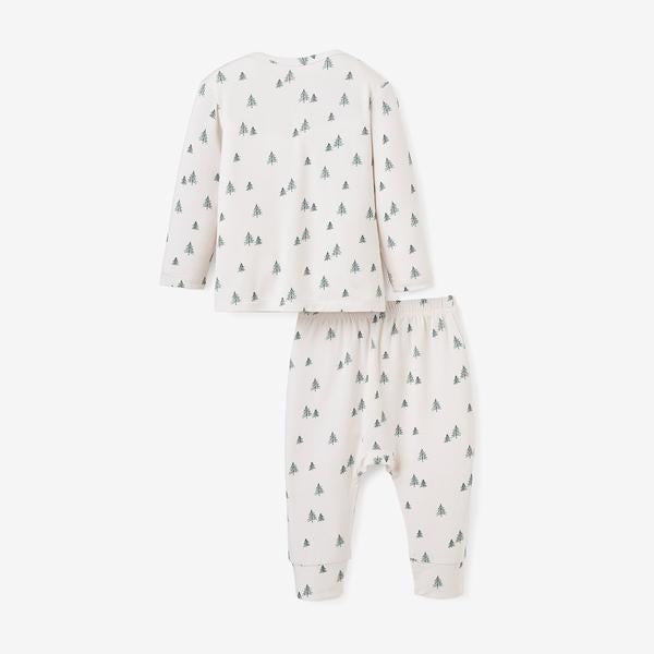 Cream color bamboo baby pajama set with long-sleeve lap-shoulder top and pull-on pants with green christmas tree print all over back view on white background 