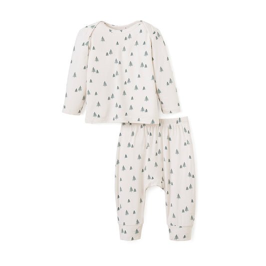 Cream color bamboo baby pajama set with long-sleeve lap-shoulder top and pull-on pants with green christmas tree print all over front view on white background 