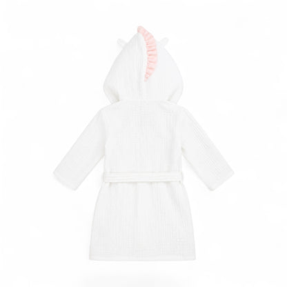 Unicorn robe with embroidered hood gold horn and pink mane details
