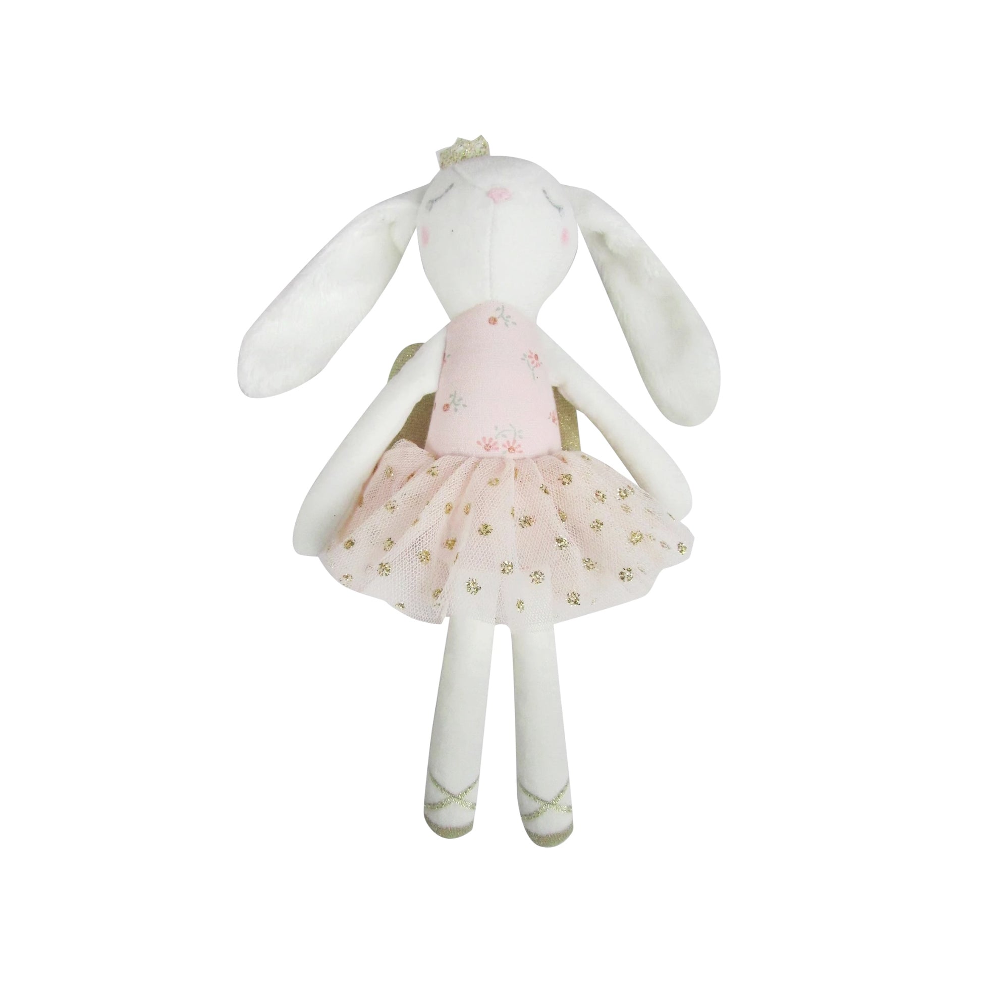 White ballerina bunny doll with pink tutu on white background