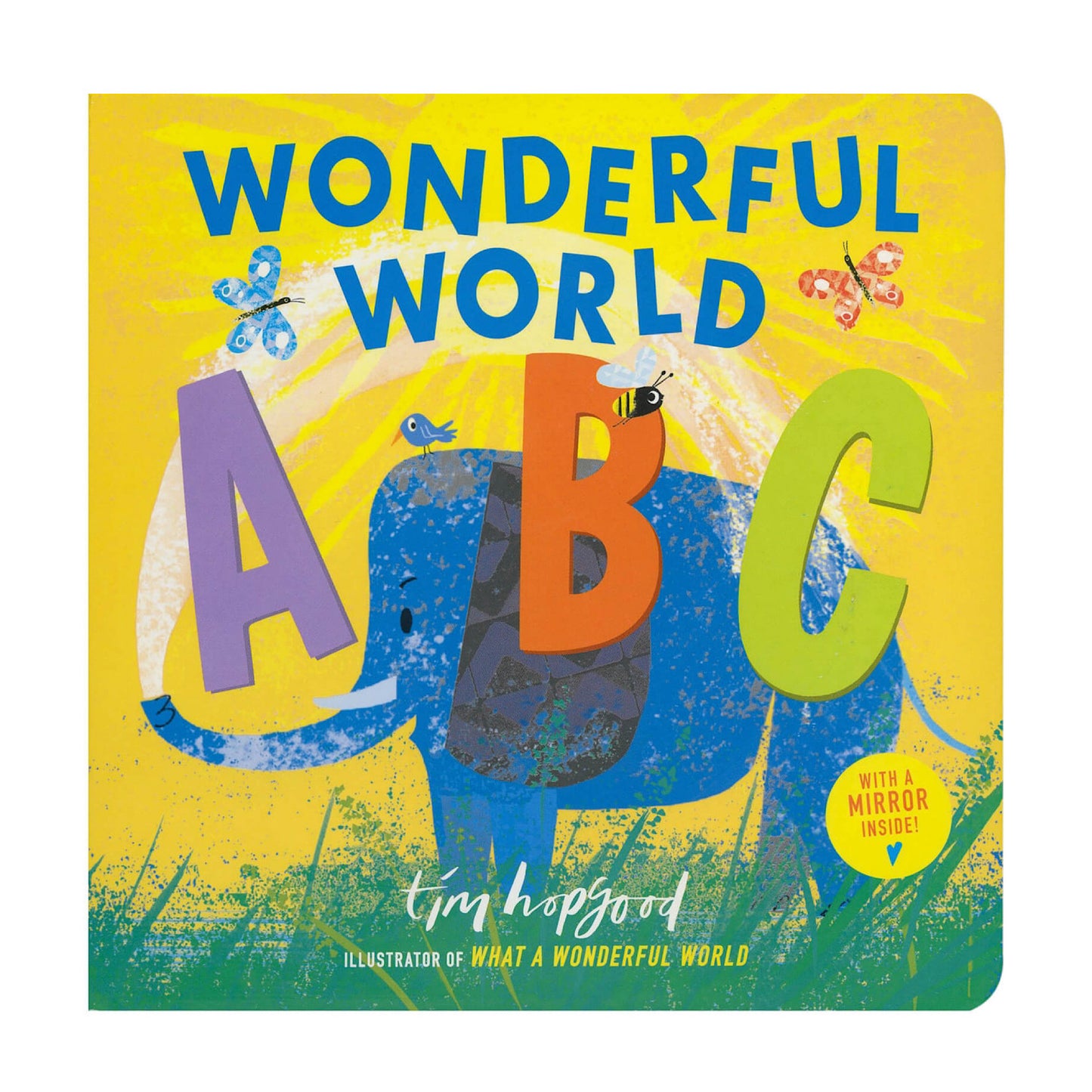 Cover of Wonderful World ABC alphabet board book by Tim Hopgood, featuring colorful A, B and C letters on a yellow background
