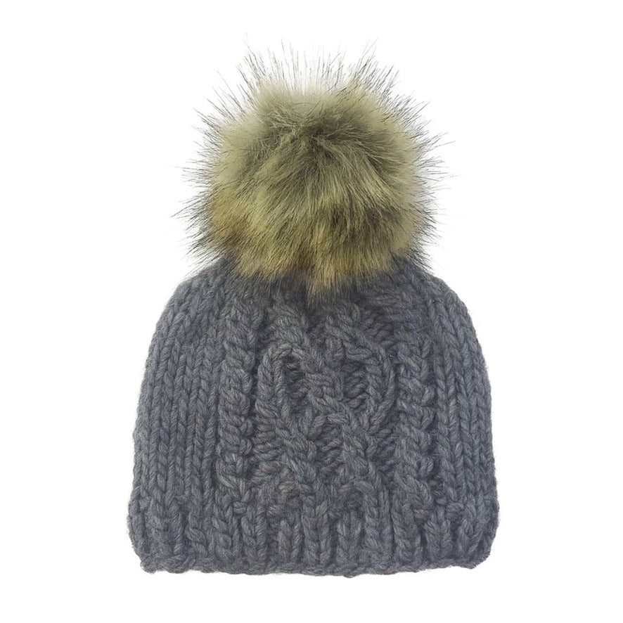 Zinc Knit Hat with Faux Fur Pom