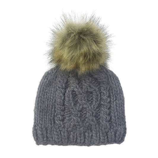 Zinc Knit Hat with Faux Fur Pom