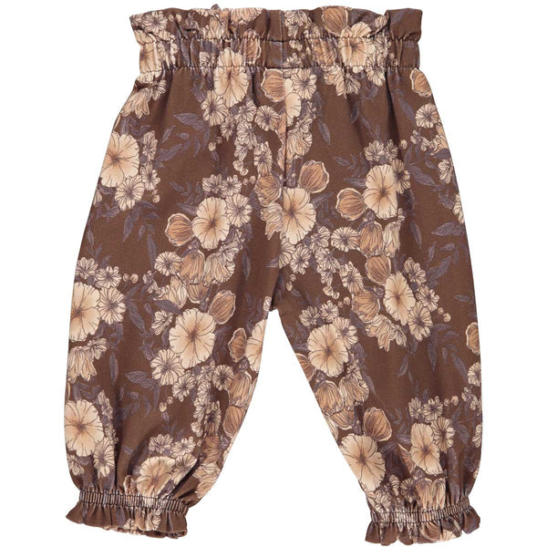 Brown Floral Ruffle Waist Pants