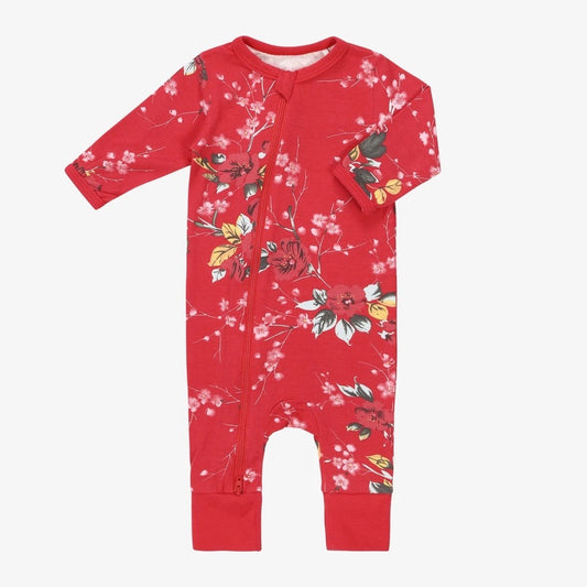 Red Cherry Blossom Zip Romper