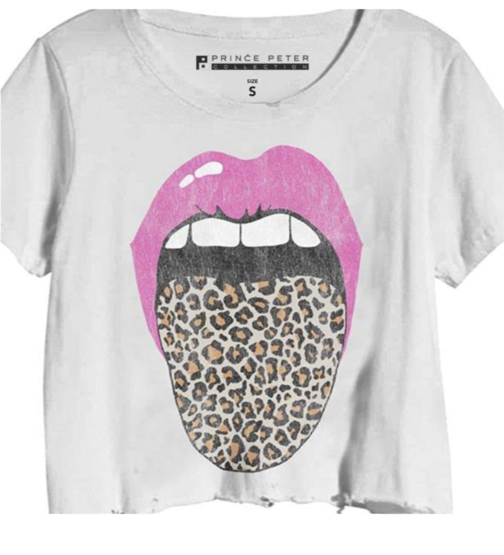 White Leopard Tongue Crop Tee