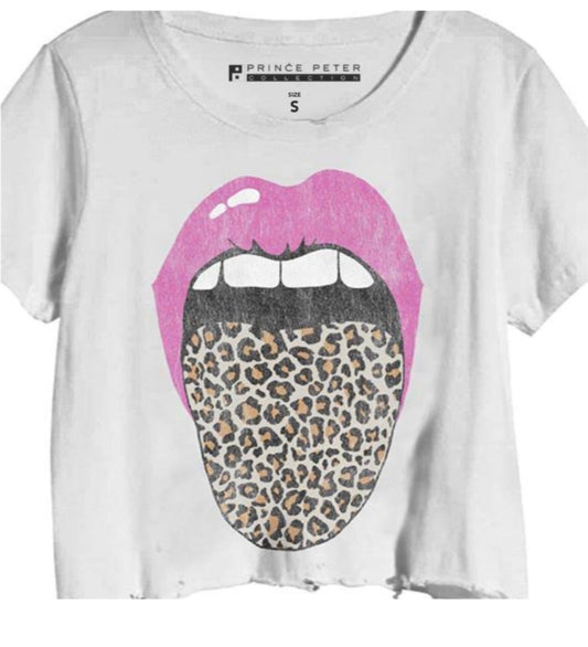 White Leopard Tongue Crop Tee