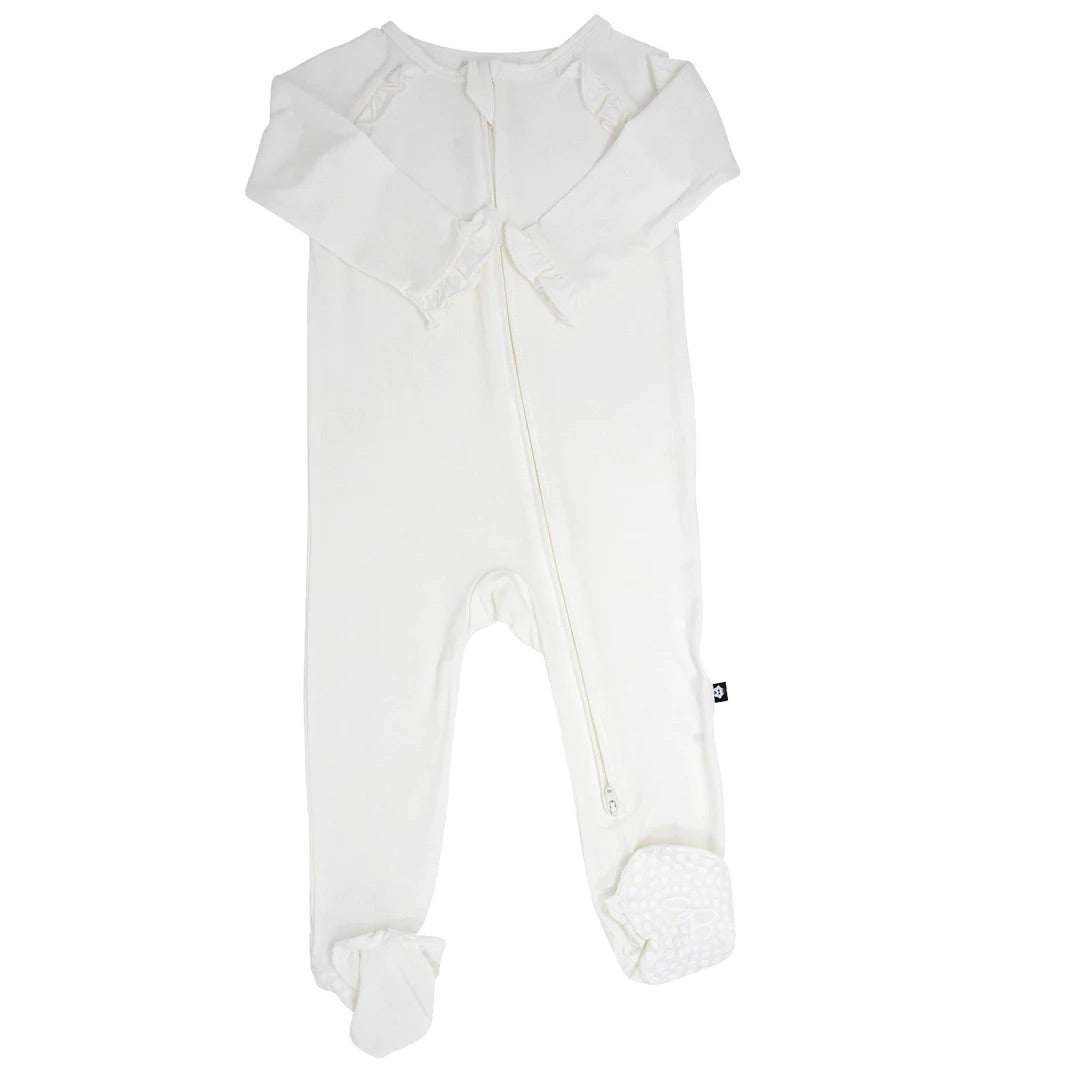 White Ribbed Zip Ruffles Footie