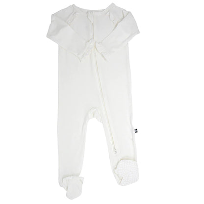 White Ribbed Zip Ruffles Footie