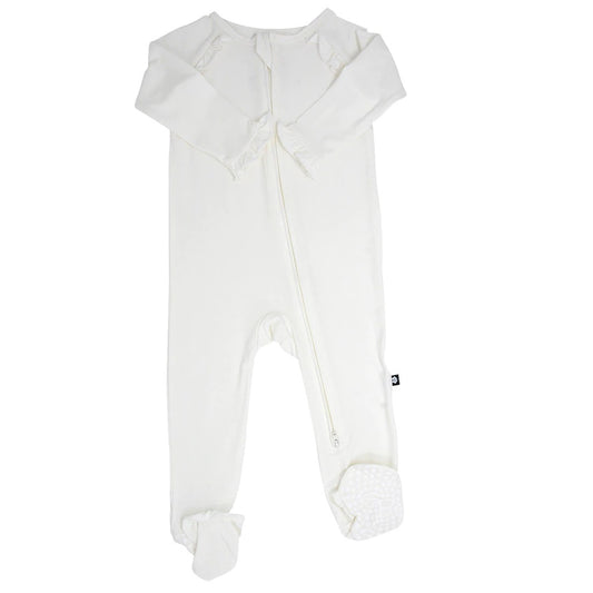 White Ribbed Zip Ruffles Footie