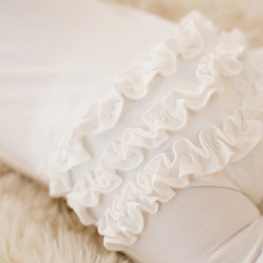 White Ribbed Zip Ruffles Footie