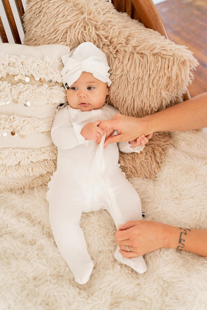 White Ribbed Zip Ruffles Footie