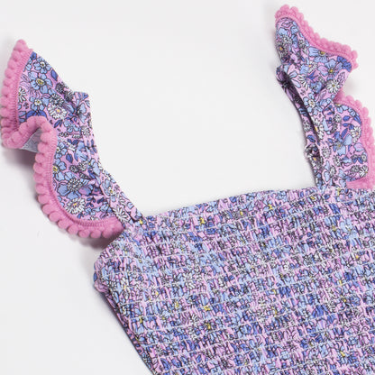 Purple Ditsy Floral One Piece Smocked Ruffle Sleeve Swimsuit