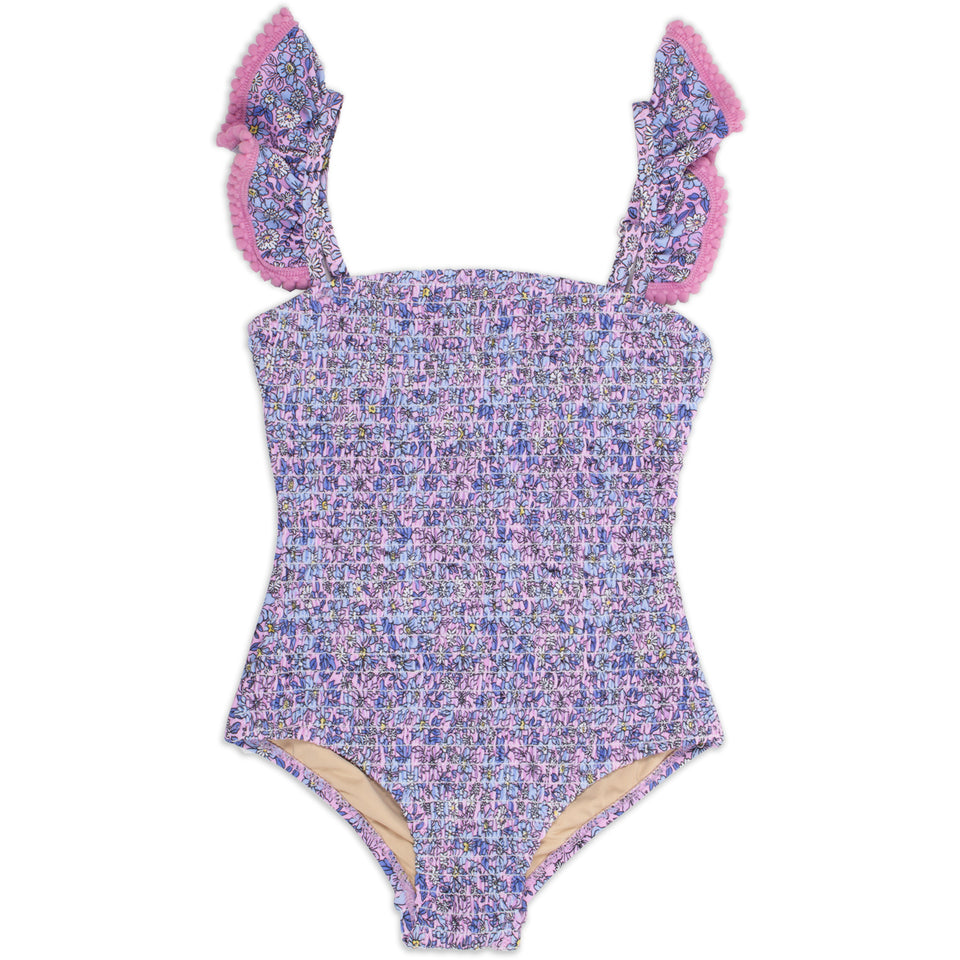 Purple Ditsy Floral One Piece Smocked Ruffle Sleeve Swimsuit