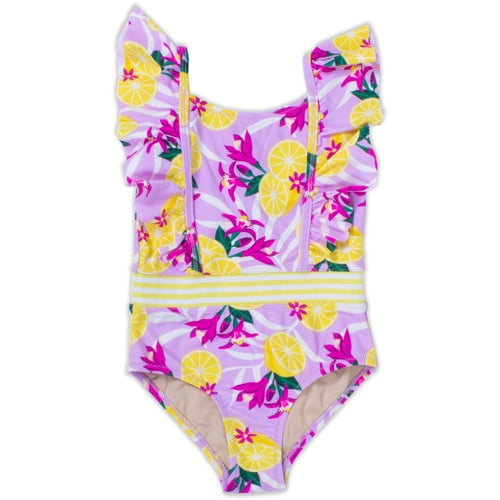 Tropical Lemons One Piece Ruffle Sleeve Swimsuit
