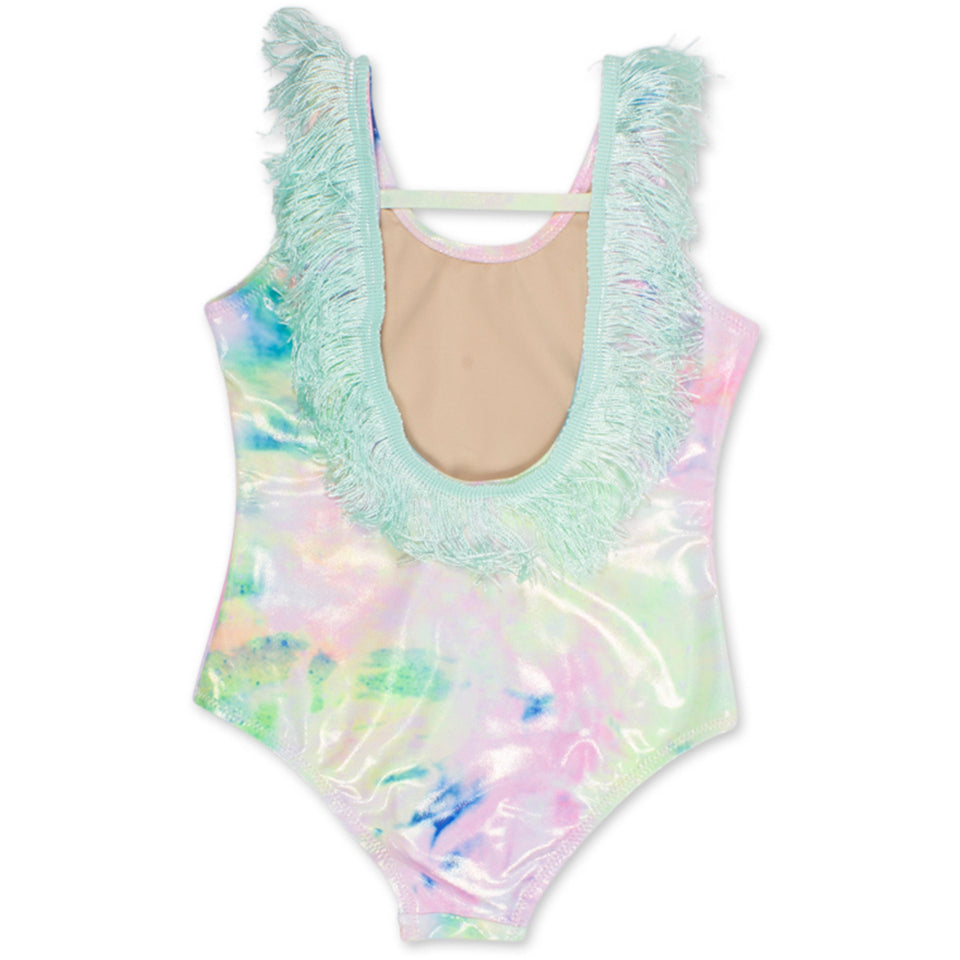 Neon Tie Dye One Piece Fringe Back Swimsuit