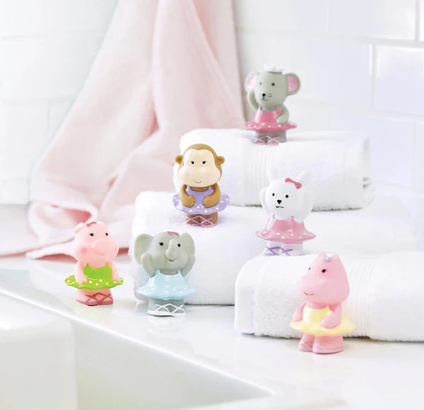 Ballet Party animal squirtie bath toys displayed in a pastel bathroom