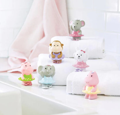 Ballet Party animal squirtie bath toys displayed in a pastel bathroom