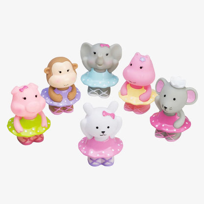 Six colorful animal ballerina squirtie baby bath toys displayed on white background